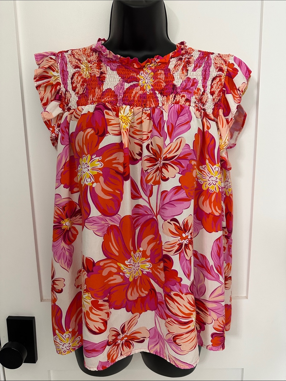 BiBi Pink & Red Floral Smocked Flutter-Sleeve Blouse